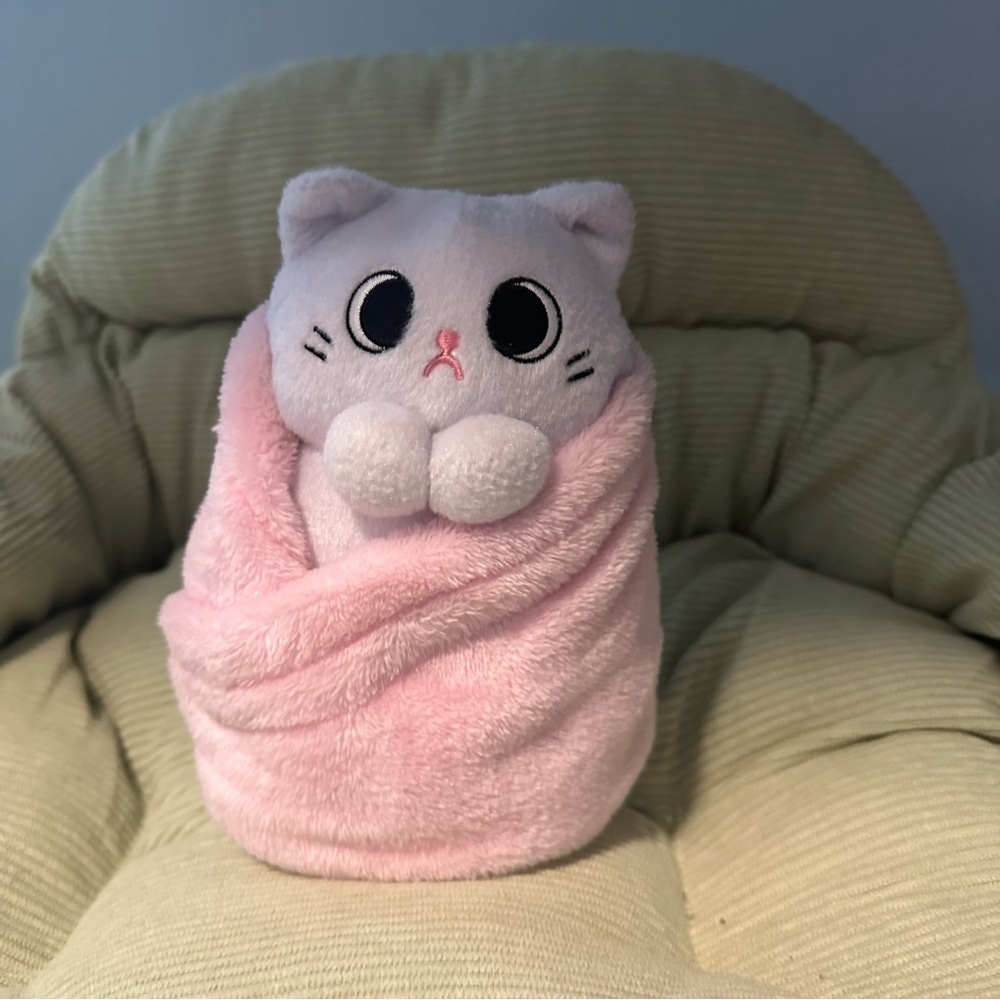 Uncute Purritos Mochi White Kitten Pink Blanket Kitty Cat Plush Stuffed Animal